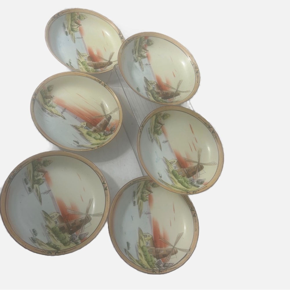 Vintage Handpainted Porcelain Nippon Japan Dessert Salad Bowls Set of 6 Windmill